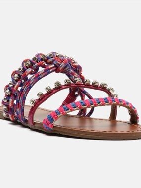 Braided Bead-Trim Flat Sandal - Pink & Blue